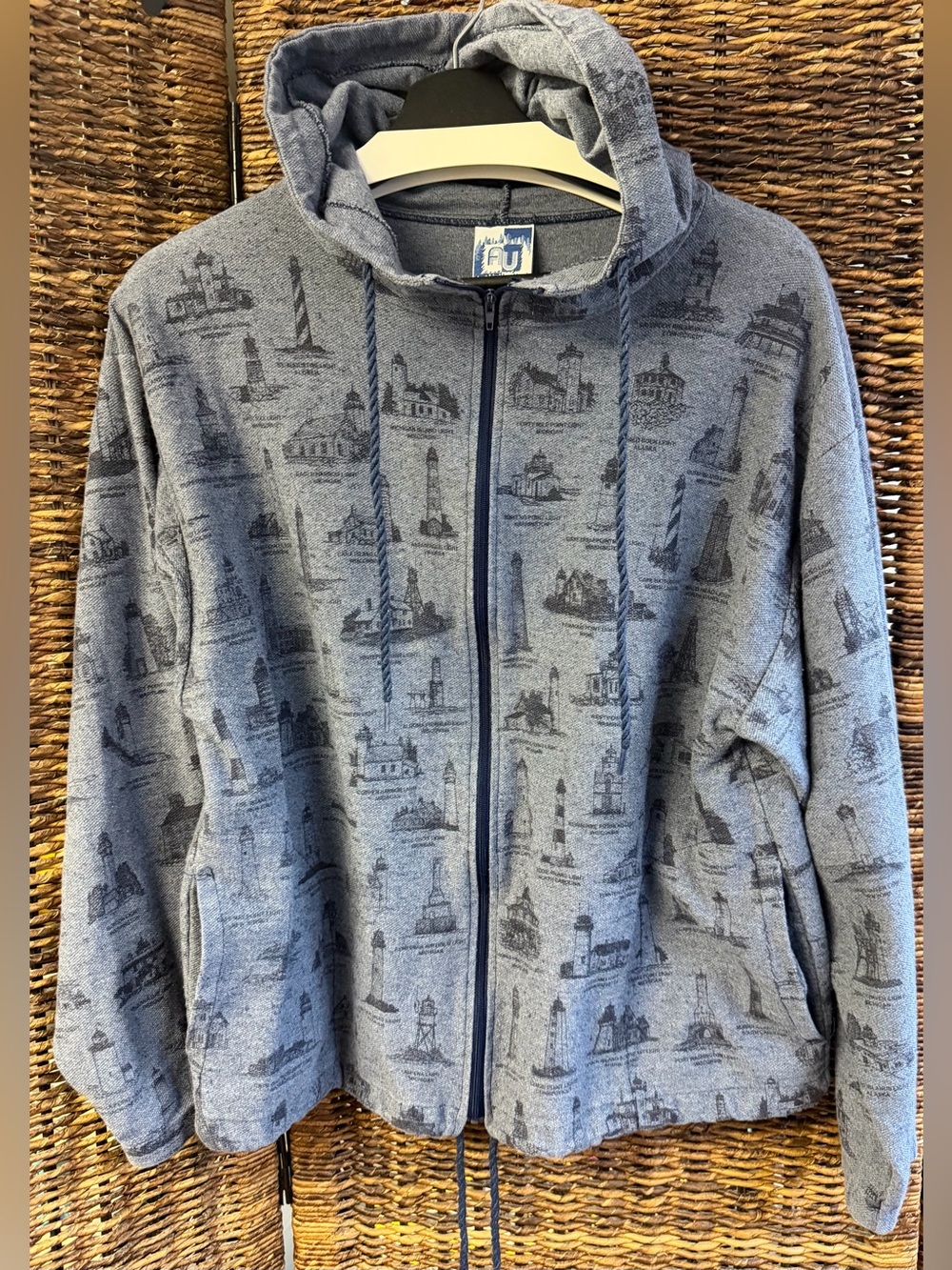 Art Unlimited- Vintage Blue Hood Zip-Up Sweater Jacket w/Lighthouse Print-Large